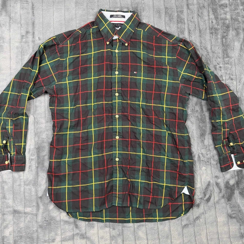 Tommy Hilfiger Mens Large Green Plaid Button Down Shirt Long Sleeve Cotton 8224